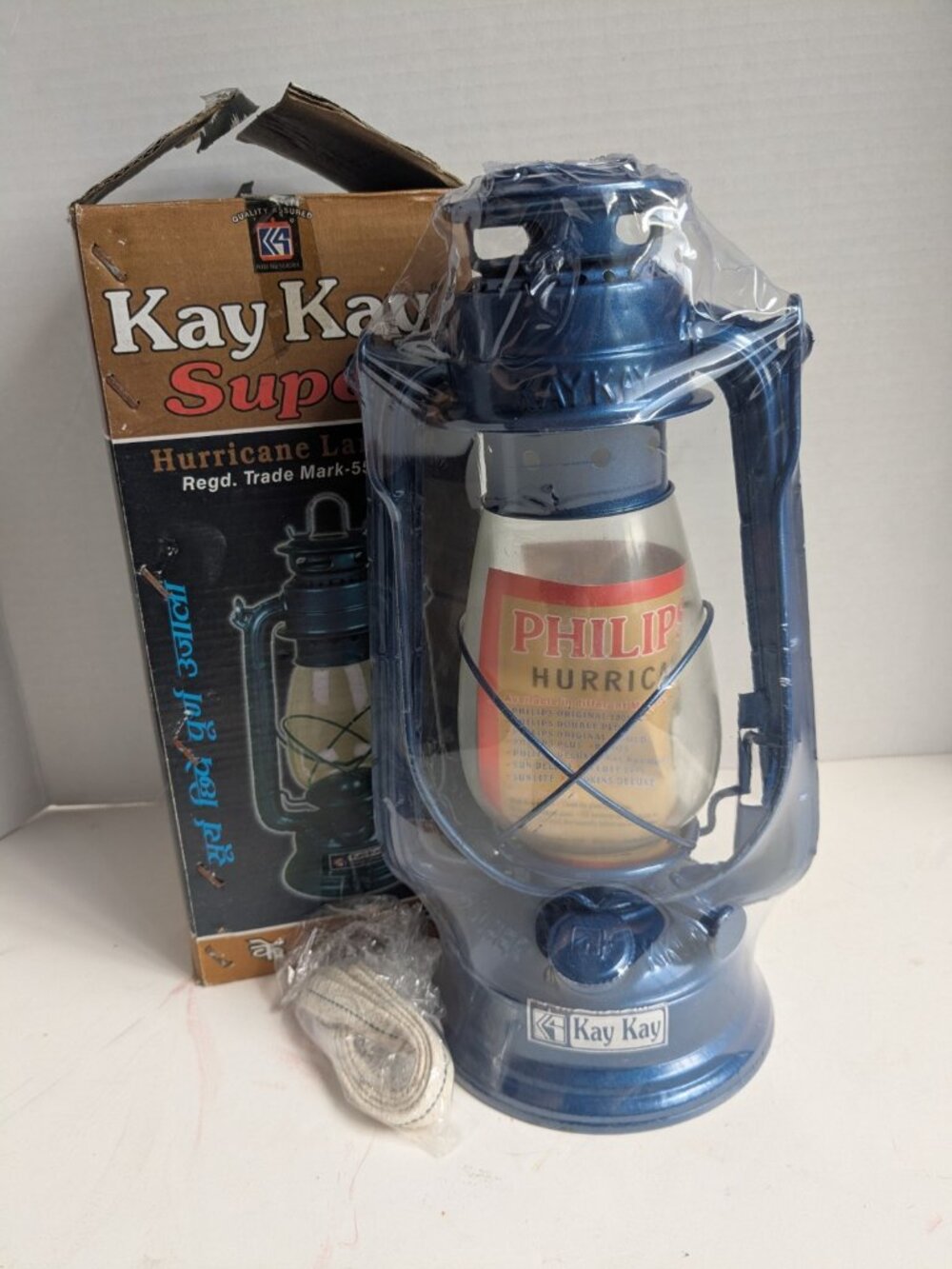 Kay Kay Super Hurricane Lantern – New Blue Tin Oil Lamp w/ Philips Globe & Box